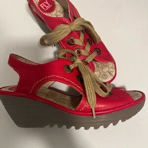 Fly London red leather Yifa lace up wedges